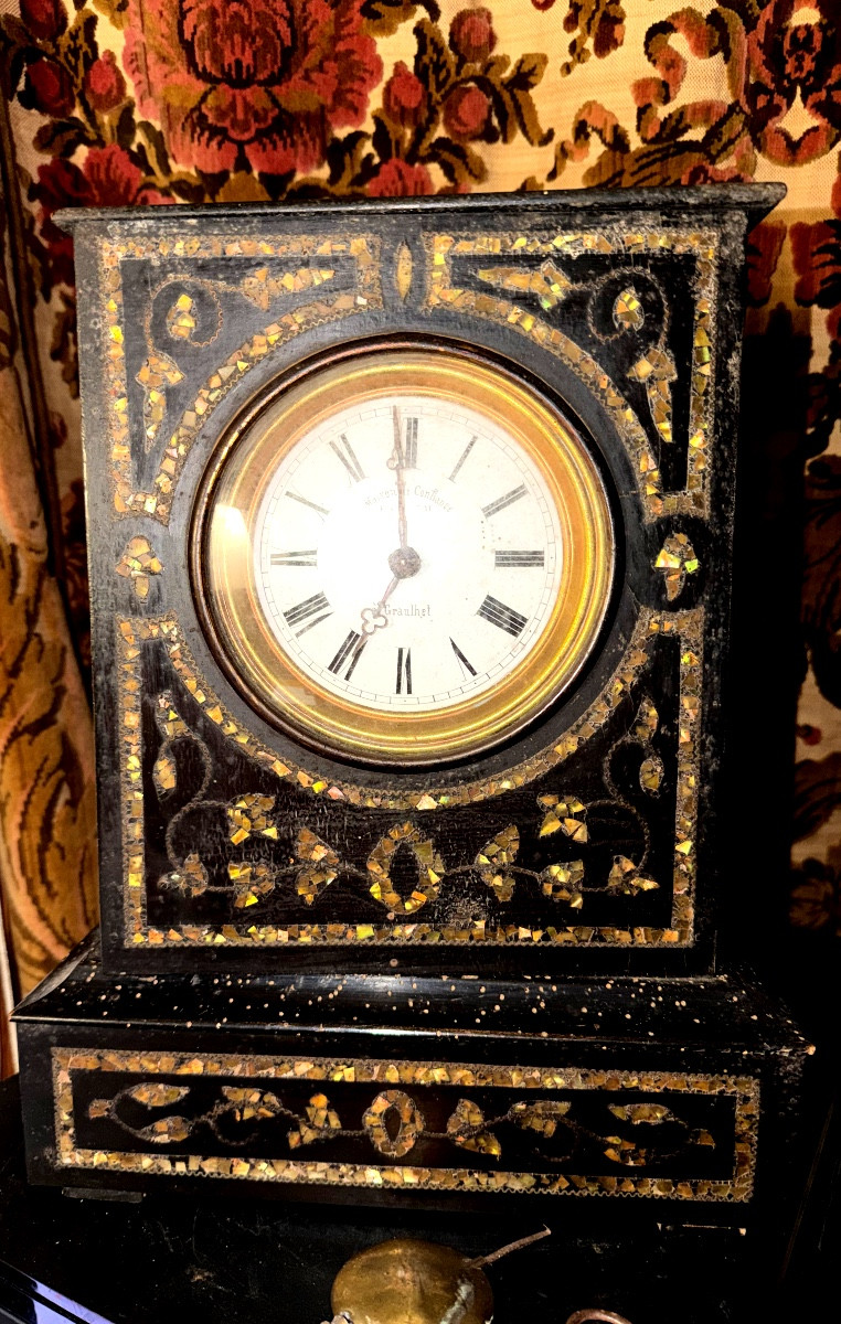 Large Niii Mantel Clock, Black Lacquered Wood Inlaid With Fragmented Multicolored Mother-of-pearl, Sig Coutou