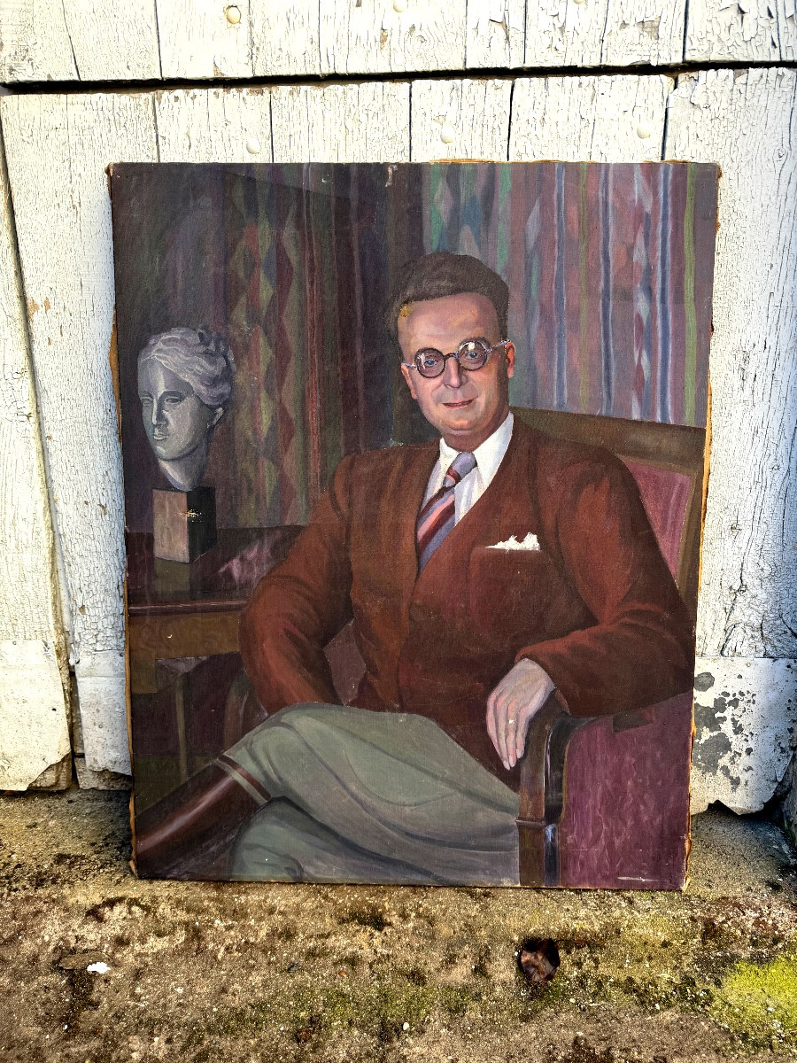  Beautiful Large Portrait Of A Distinguished Gentleman Wearing 1930s Glasses In His Study (on Canvas)