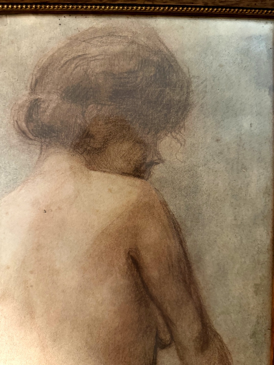 Delicate And Realistic Beautiful Sanguine Drawing Of A Young Nude Woman Seen From Behind, Framed, Circa 1925 -photo-3