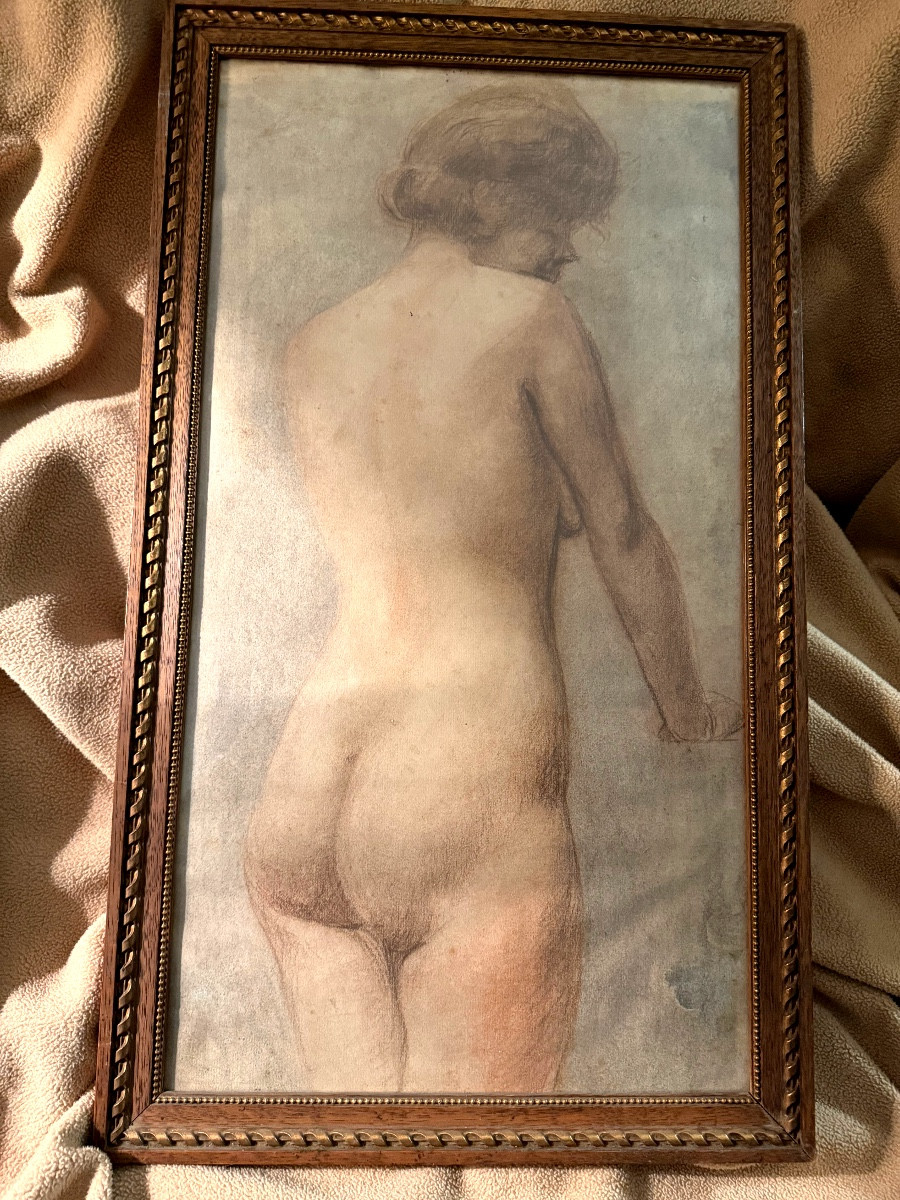 Delicate And Realistic Beautiful Sanguine Drawing Of A Young Nude Woman Seen From Behind, Framed, Circa 1925 -photo-4