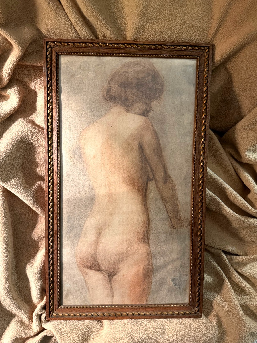 Delicate And Realistic Beautiful Sanguine Drawing Of A Young Nude Woman Seen From Behind, Framed, Circa 1925 -photo-2