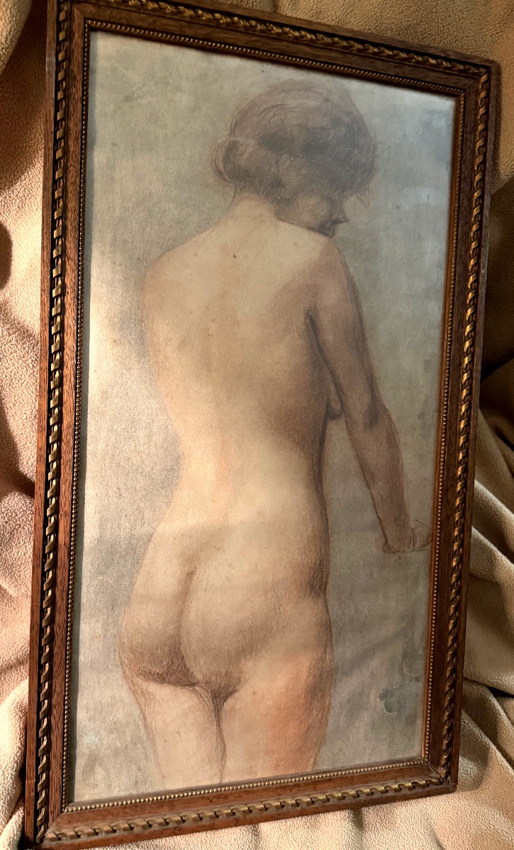 Delicate And Realistic Beautiful Sanguine Drawing Of A Young Nude Woman Seen From Behind, Framed, Circa 1925 -photo-5