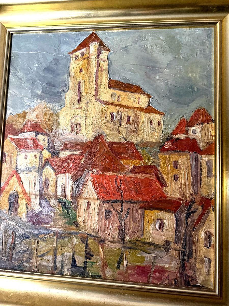 Huile /toile marouflée sur panneau Village dominé par son Eglise ancestrale, dans l'Yonne ,"30"-photo-3