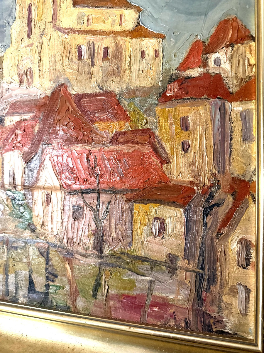 Huile /toile marouflée sur panneau Village dominé par son Eglise ancestrale, dans l'Yonne ,"30"-photo-4