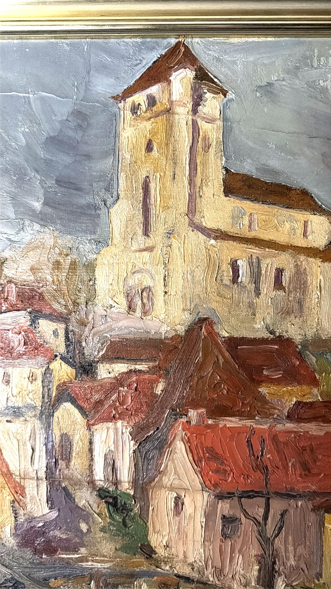 Huile /toile marouflée sur panneau Village dominé par son Eglise ancestrale, dans l'Yonne ,"30"-photo-2