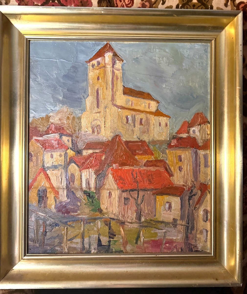 Huile /toile marouflée sur panneau Village dominé par son Eglise ancestrale, dans l'Yonne ,"30"-photo-1