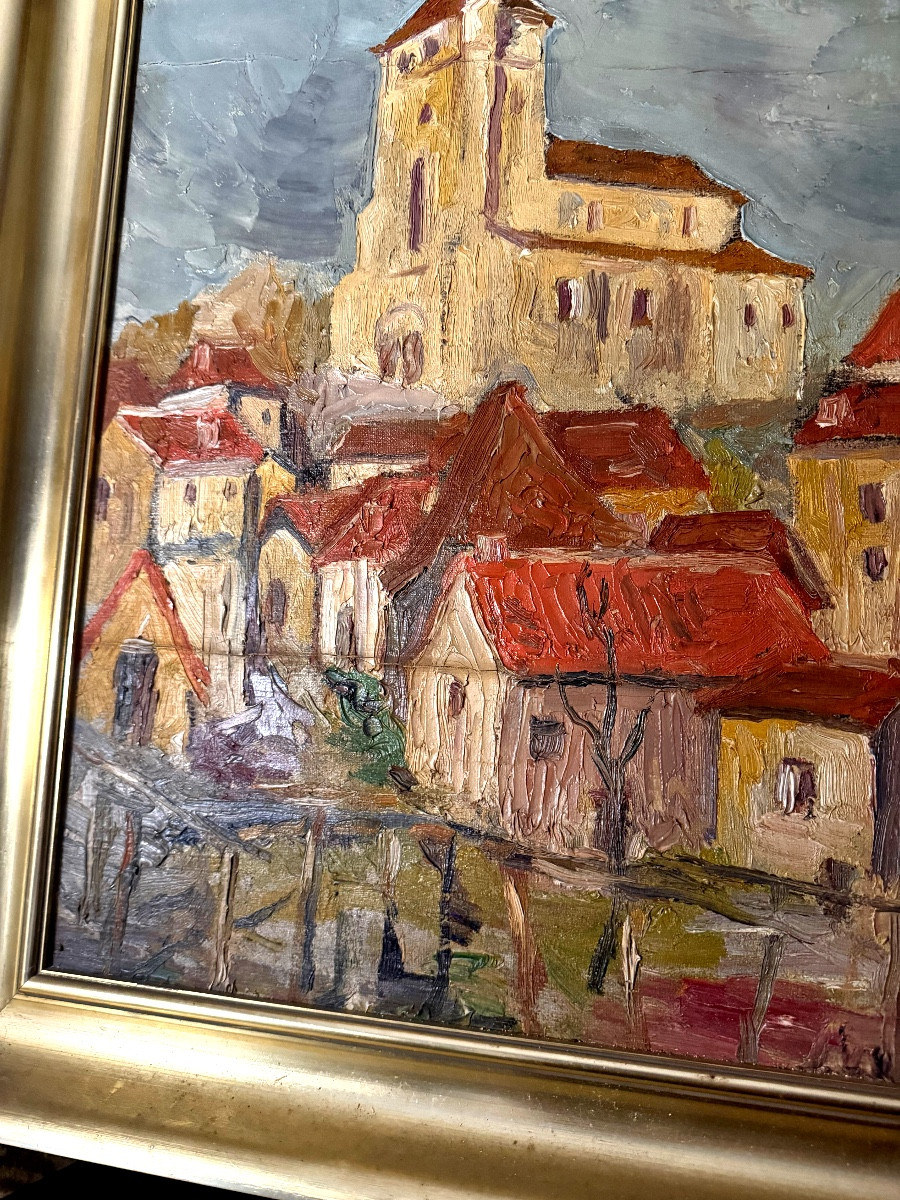 Huile /toile marouflée sur panneau Village dominé par son Eglise ancestrale, dans l'Yonne ,"30"-photo-2