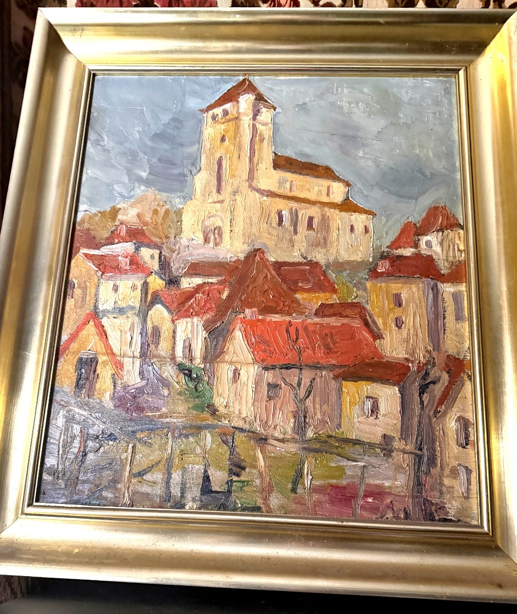 Huile /toile marouflée sur panneau Village dominé par son Eglise ancestrale, dans l'Yonne ,"30"-photo-4