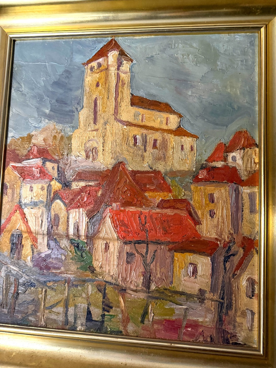 Huile /toile marouflée sur panneau Village dominé par son Eglise ancestrale, dans l'Yonne ,"30"-photo-6