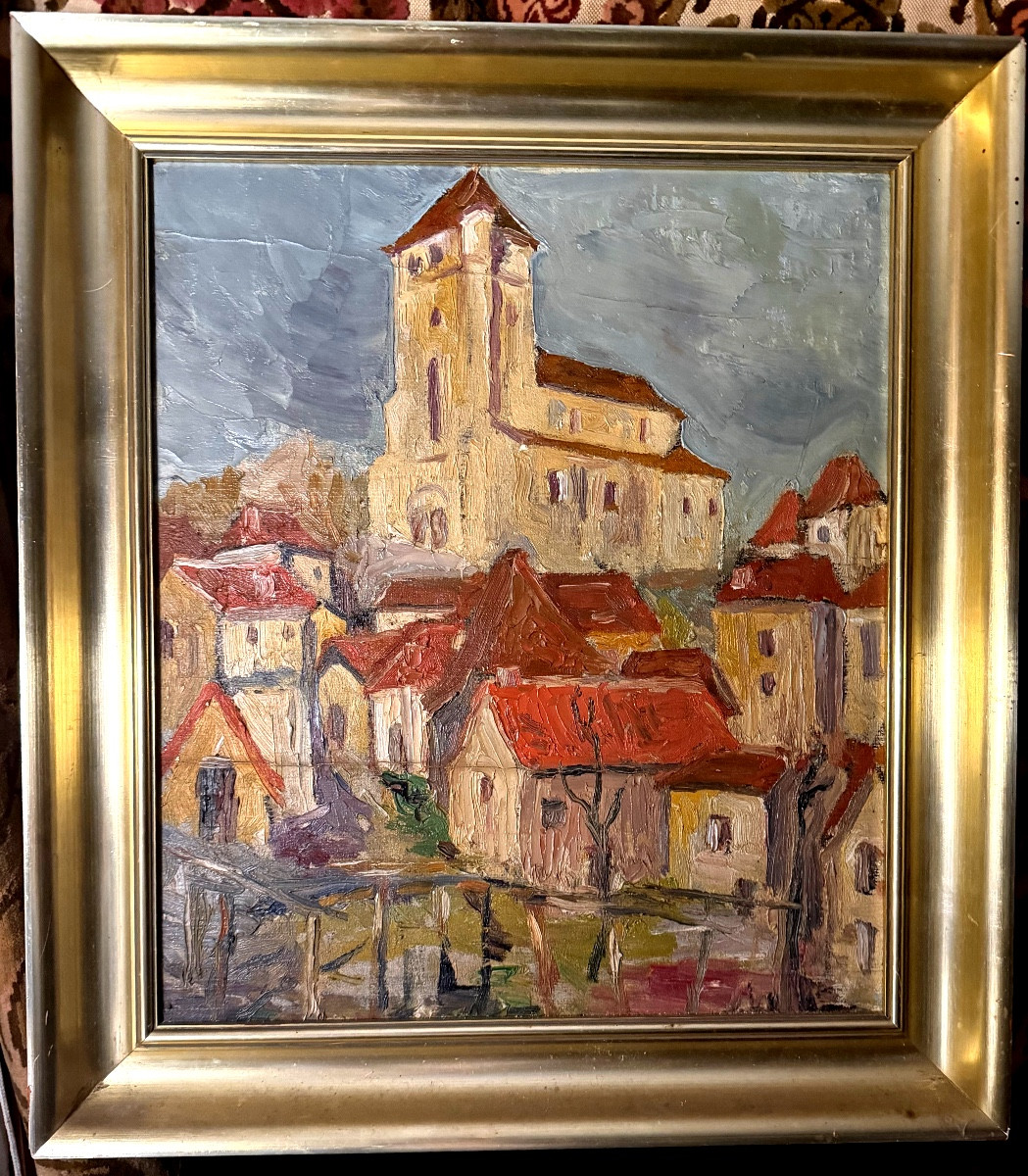 Huile /toile marouflée sur panneau Village dominé par son Eglise ancestrale, dans l'Yonne ,"30"