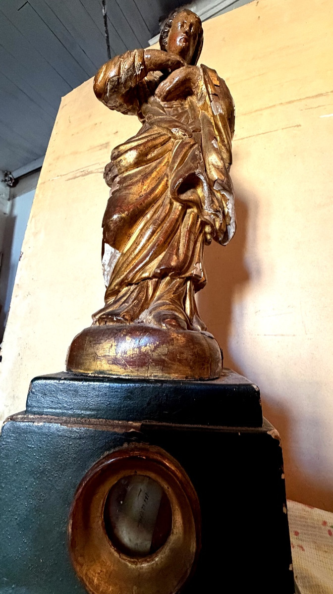  Gracieuse Vierge bois doré reliquaire sur son socle amovible dans le style maniériste XVIIIème-photo-4