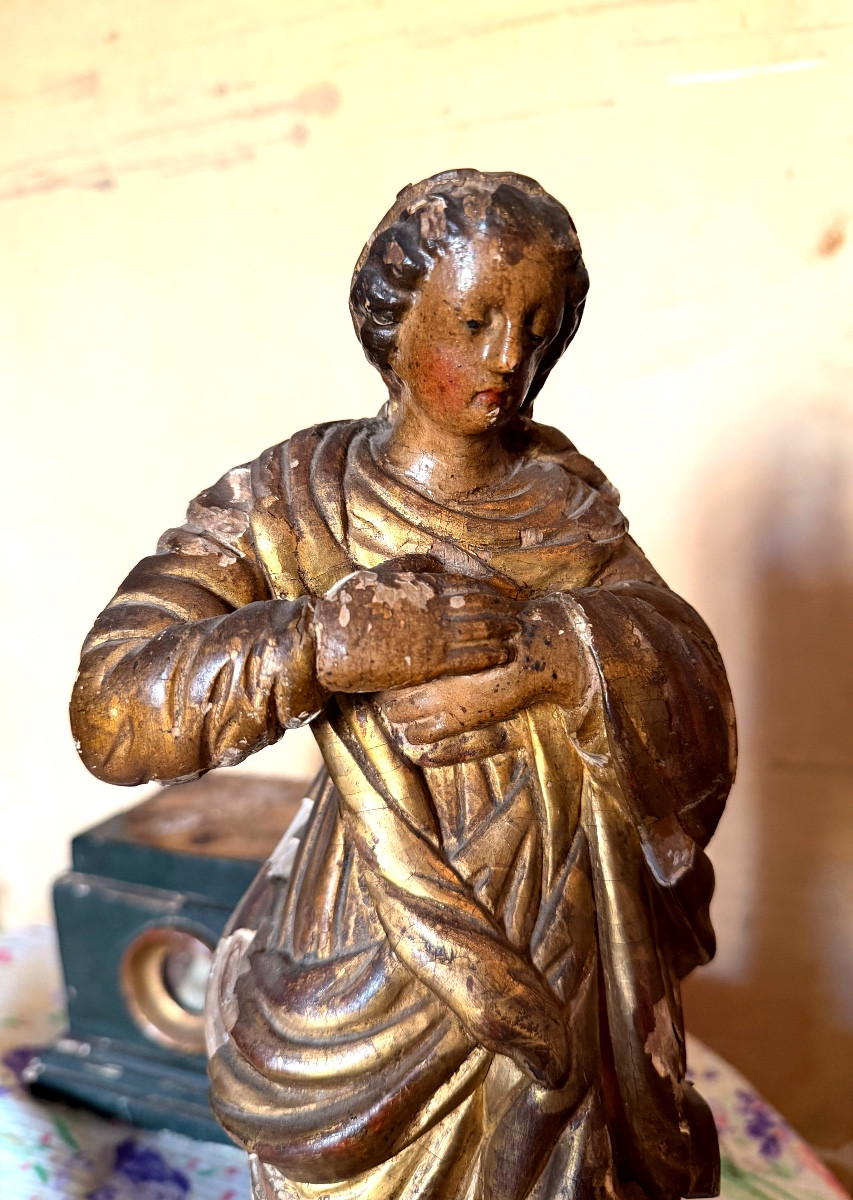  Gracieuse Vierge bois doré reliquaire sur son socle amovible dans le style maniériste XVIIIème-photo-4