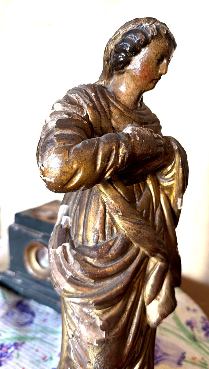  Gracieuse Vierge bois doré reliquaire sur son socle amovible dans le style maniériste XVIIIème-photo-5