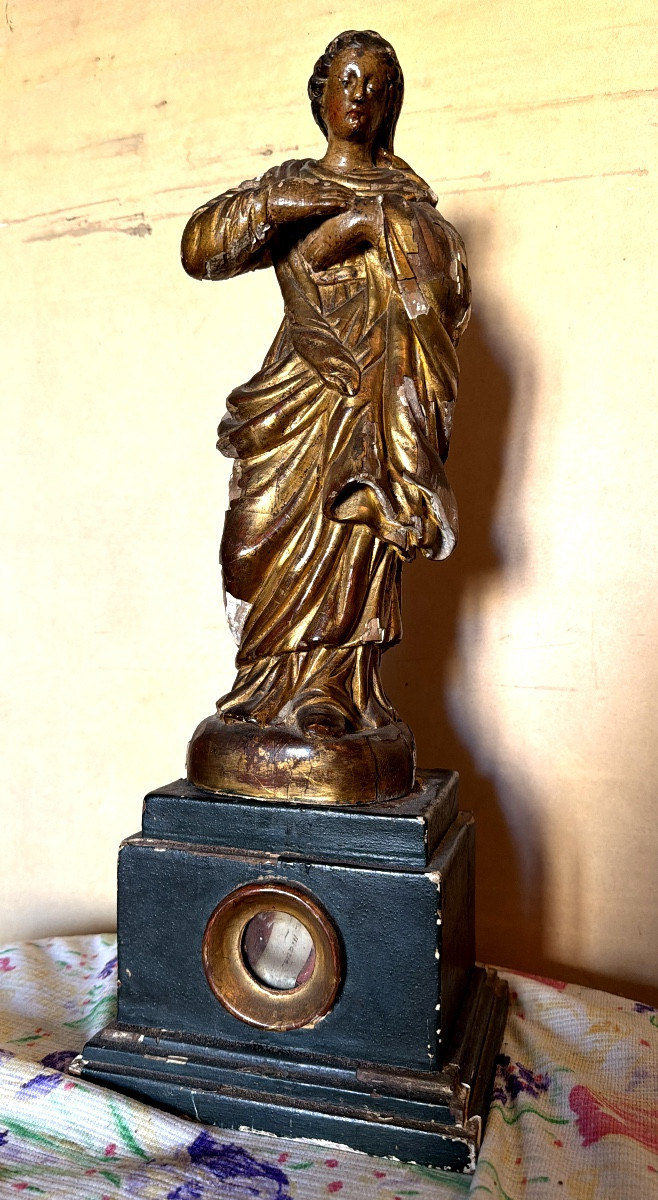 Gracieuse Vierge bois doré reliquaire sur son socle amovible dans le style maniériste XVIIIème
