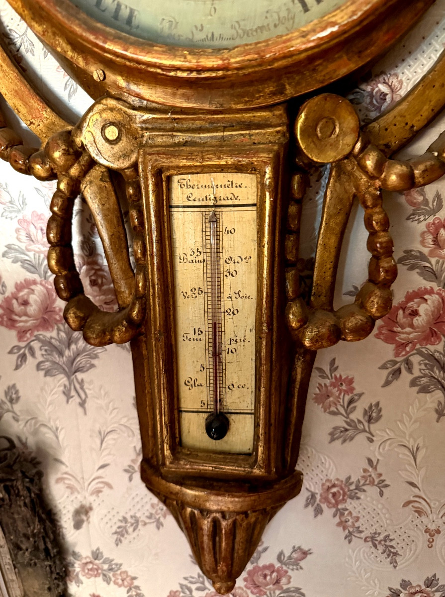  Grand Baromètre mural en bois doré sculpté aux cornes d'abondances Louis XVI, Barni Joli Paris-photo-3
