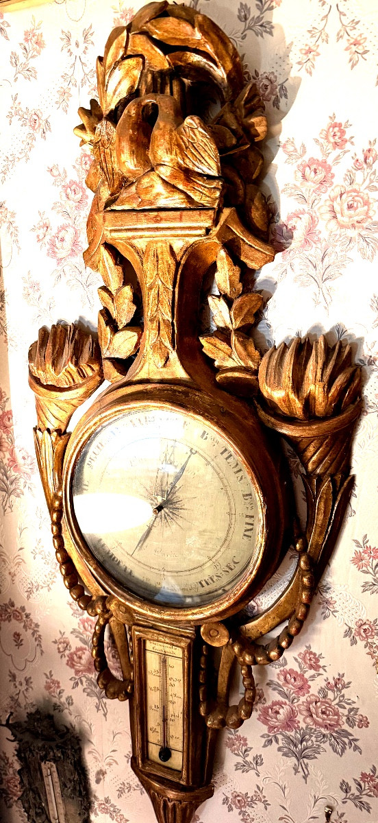  Grand Baromètre mural en bois doré sculpté aux cornes d'abondances Louis XVI, Barni Joli Paris-photo-1