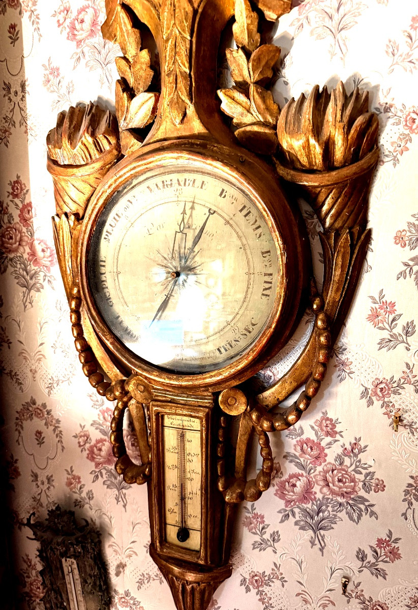  Grand Baromètre mural en bois doré sculpté aux cornes d'abondances Louis XVI, Barni Joli Paris-photo-4