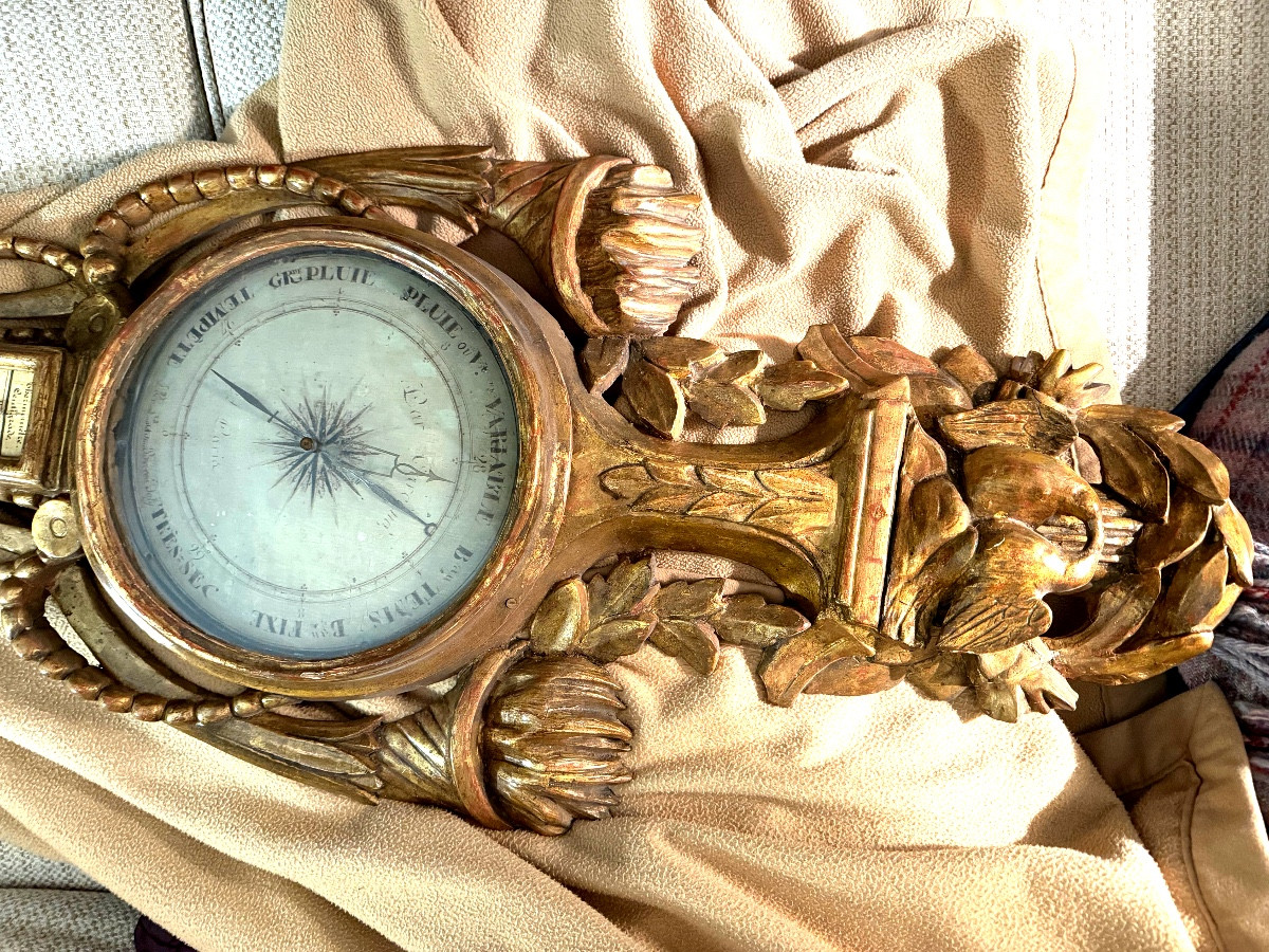  Grand Baromètre mural en bois doré sculpté aux cornes d'abondances Louis XVI, Barni Joli Paris-photo-7