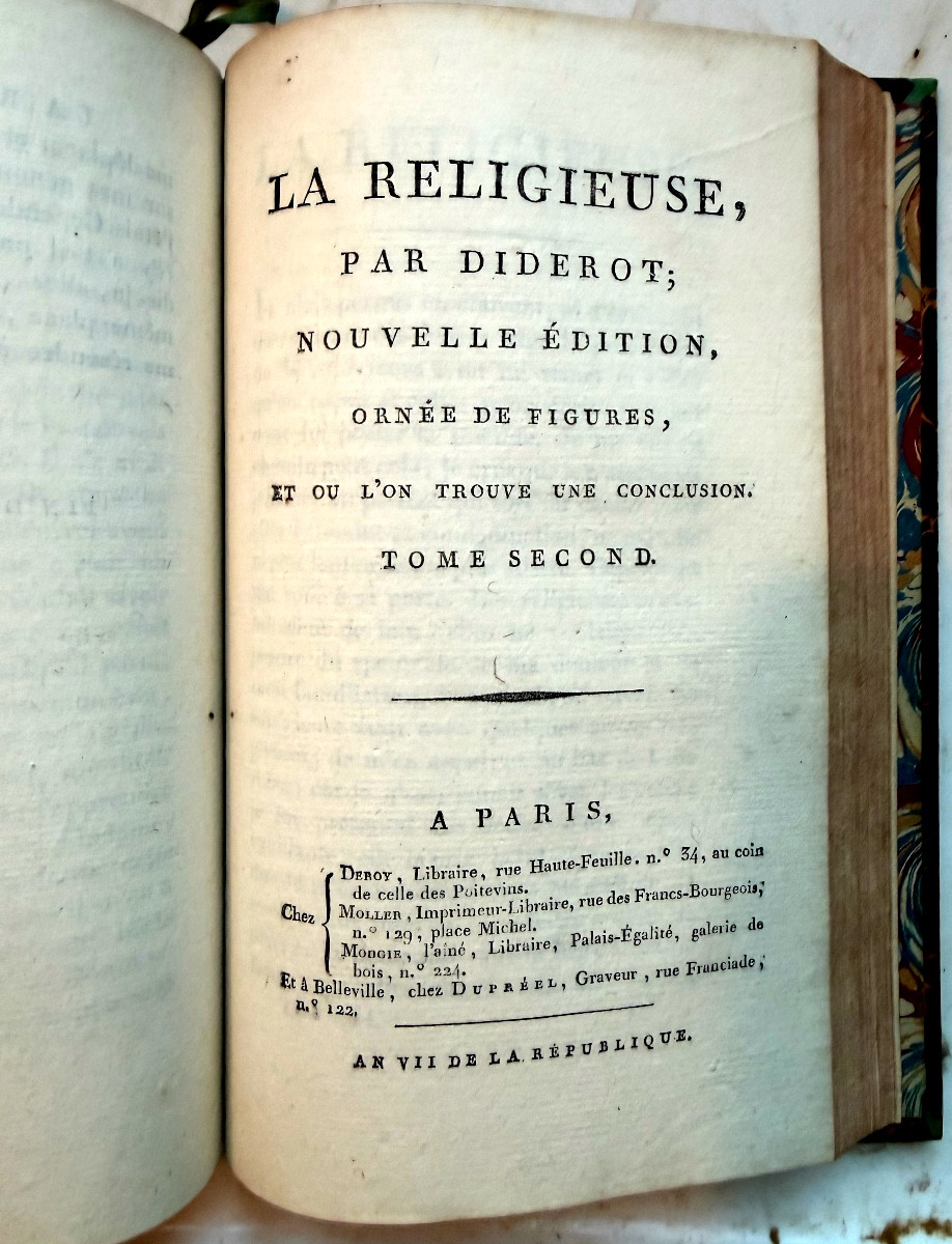 "La Religieuse", par Diderot , Nouvelle Edition ornée de figures, à Paris An VII en un Vol In 8-photo-8