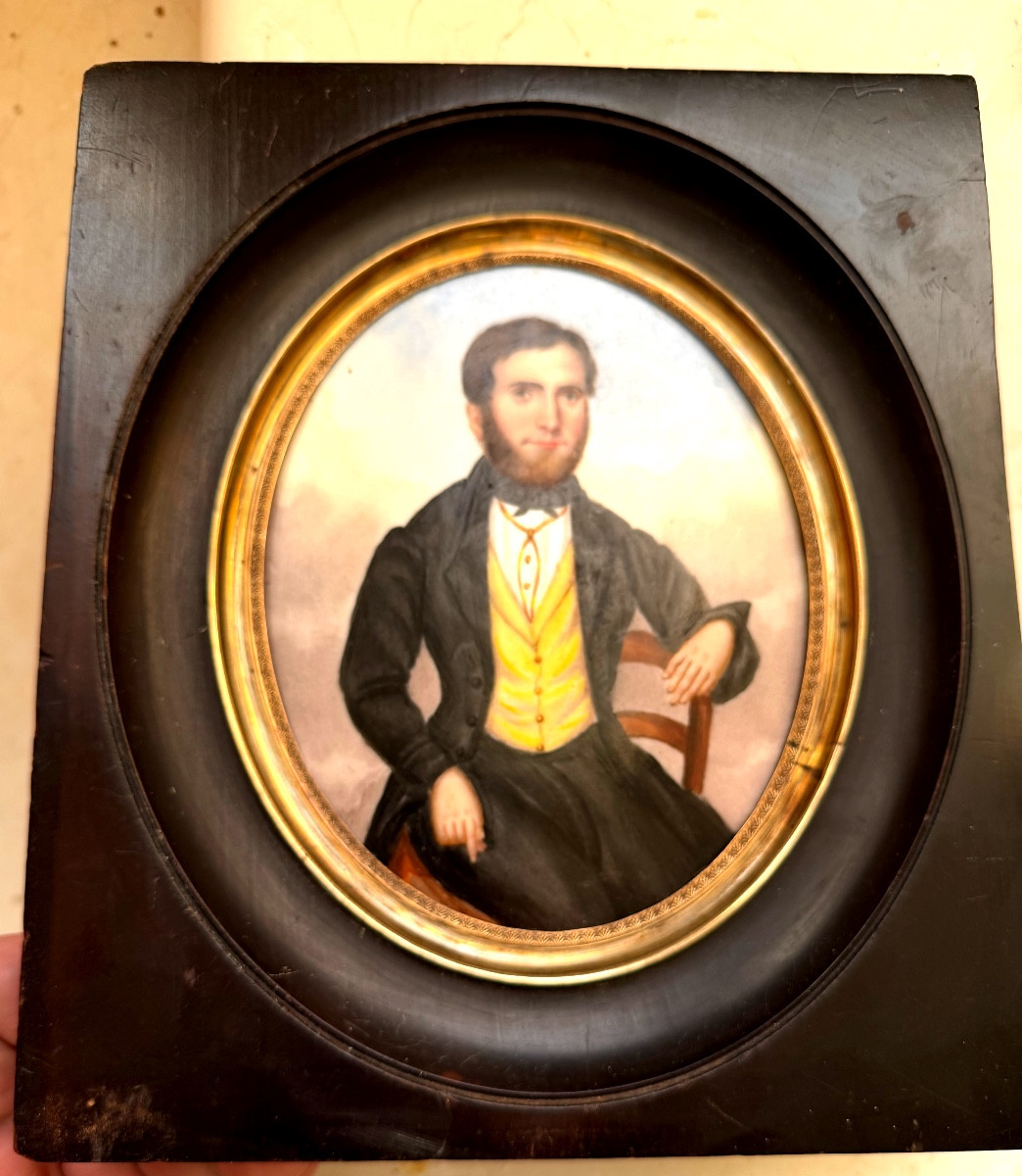 Portrait a la miniature  sur porcelaine d'un Bourgeois assis sur une chaise en grande tenue enc-photo-5