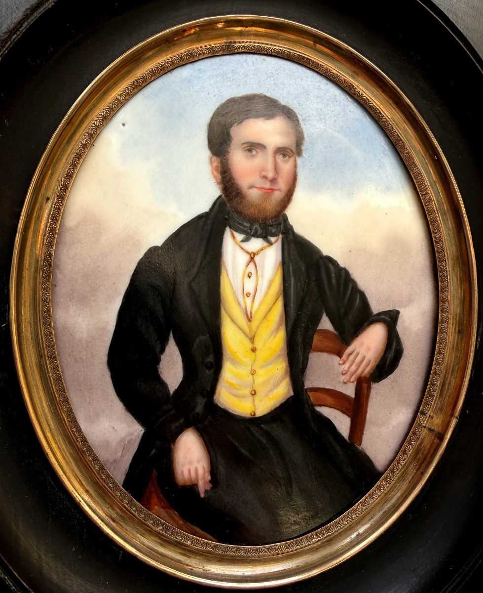 Portrait a la miniature  sur porcelaine d'un Bourgeois assis sur une chaise en grande tenue enc-photo-7