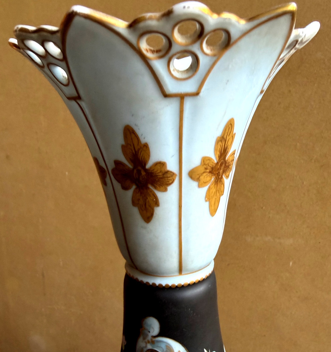 Large Vase With Flared, Openwork Neck By Pouillat, Limoges, Porcelain Painted With Scrolls And Flowers 19-photo-1