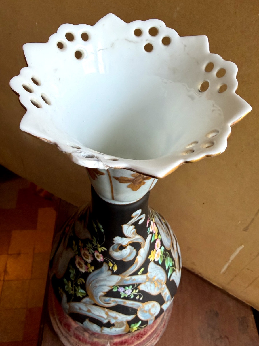 Large Vase With Flared, Openwork Neck By Pouillat, Limoges, Porcelain Painted With Scrolls And Flowers 19-photo-7