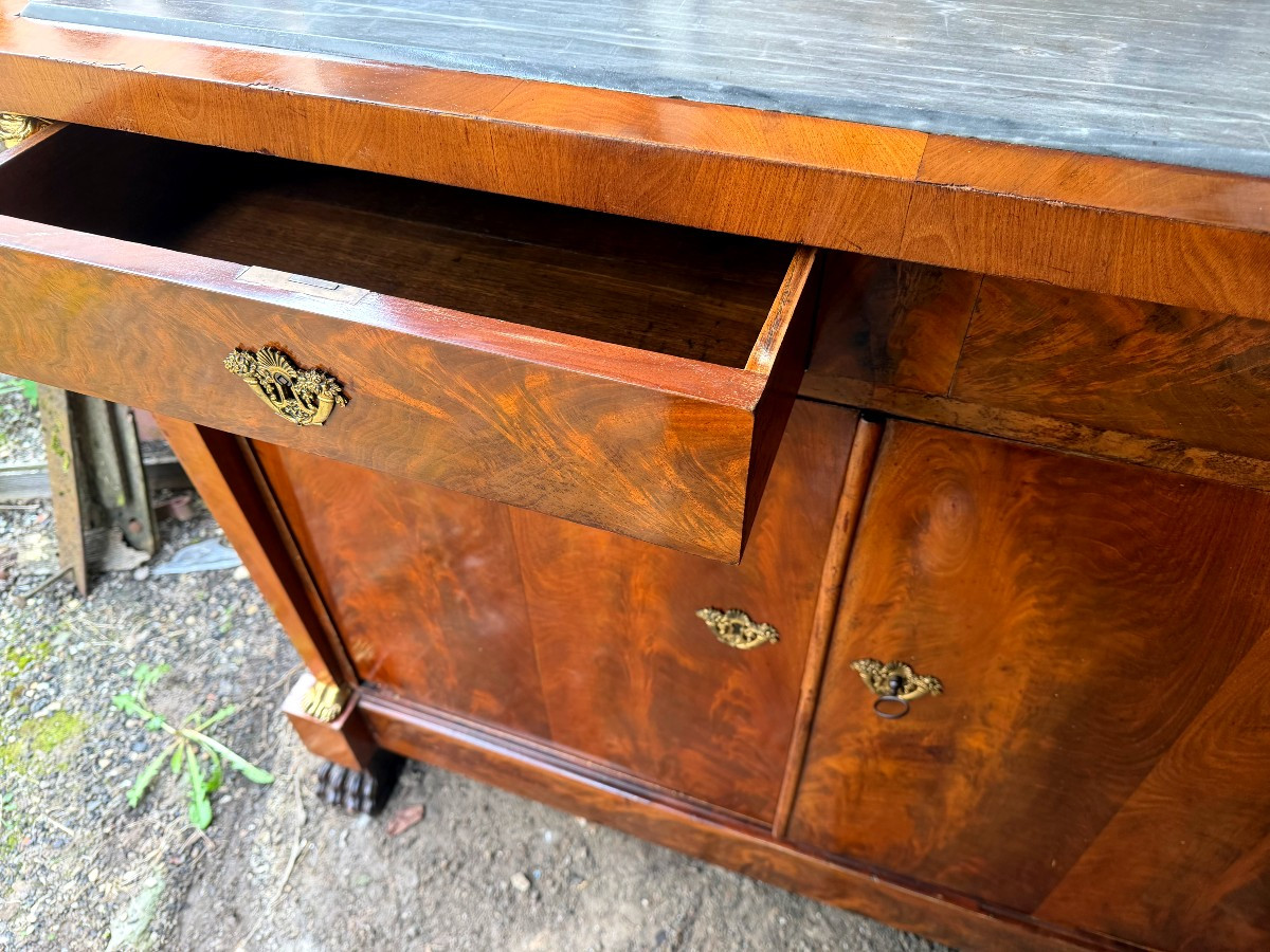 Elégant buffet Retour d'Egypte,acajou de cuba marbre encastré bleu turquin Cariatides & griffes-photo-4