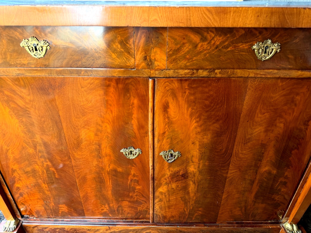 Elégant buffet Retour d'Egypte,acajou de cuba marbre encastré bleu turquin Cariatides & griffes-photo-5