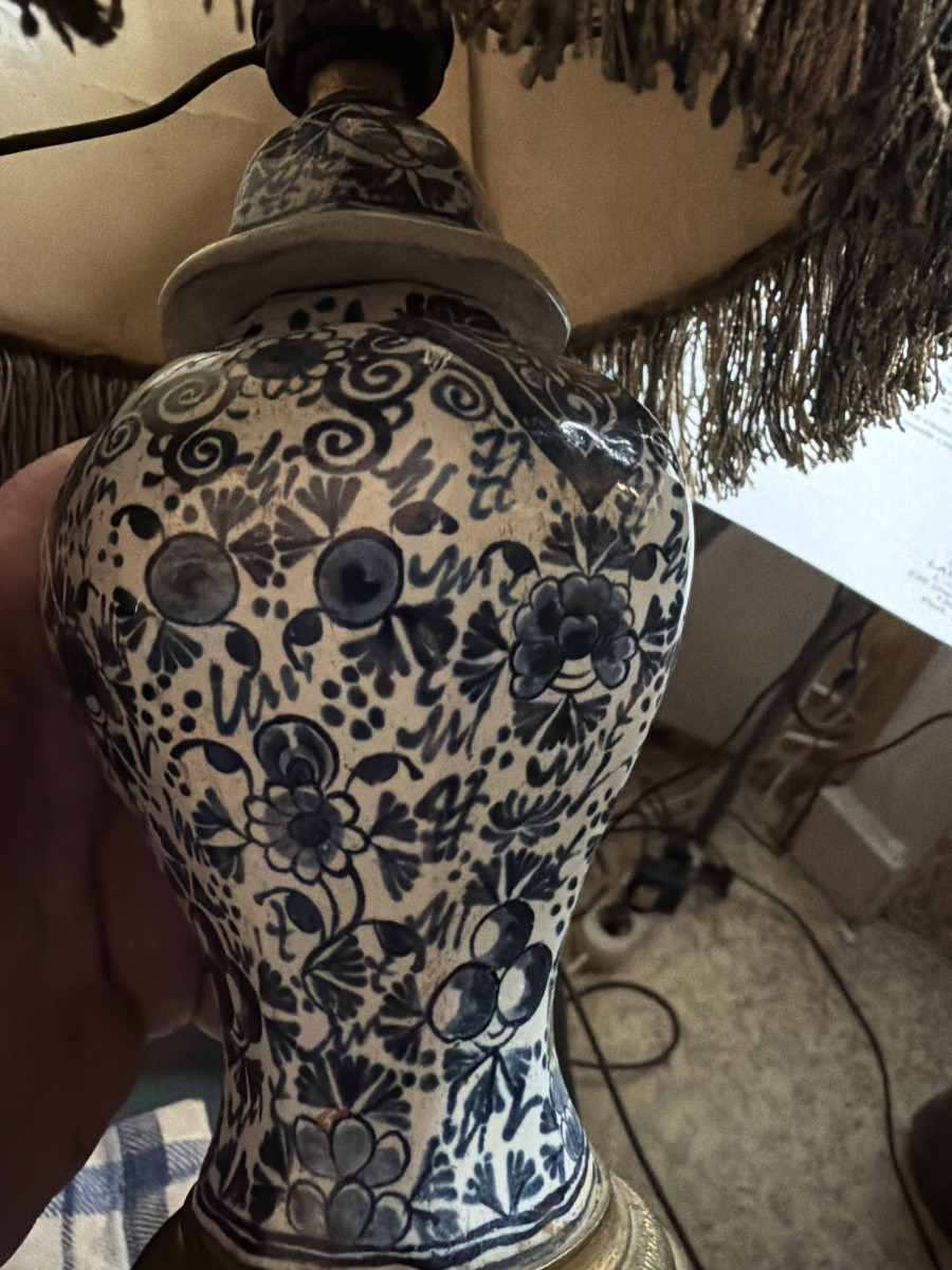 Charming Delftware Lamp With A Covered Pot And Fine Blue Motifs On White Enamel, Transformed In The 19th Century.-photo-2