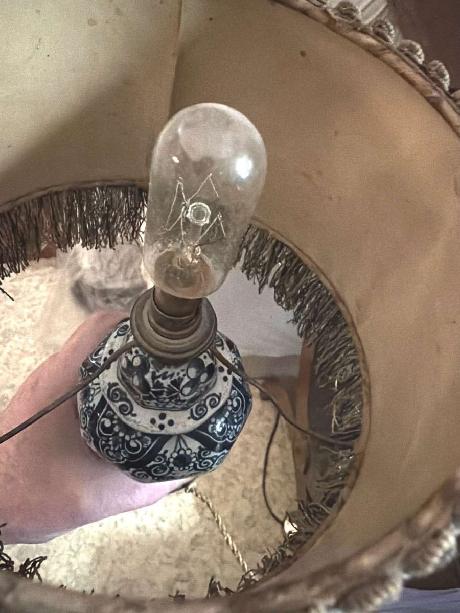 Charming Delftware Lamp With A Covered Pot And Fine Blue Motifs On White Enamel, Transformed In The 19th Century.-photo-3