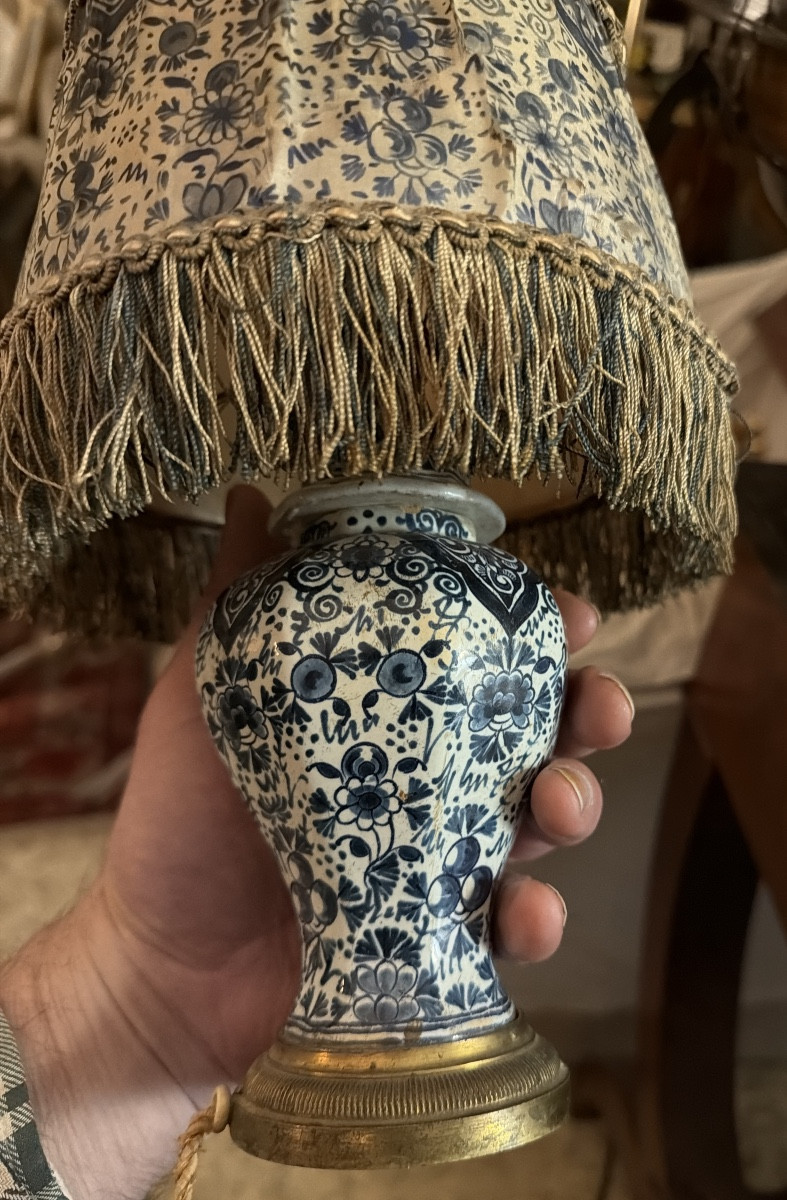 Charming Delftware Lamp With A Covered Pot And Fine Blue Motifs On White Enamel, Transformed In The 19th Century.-photo-4
