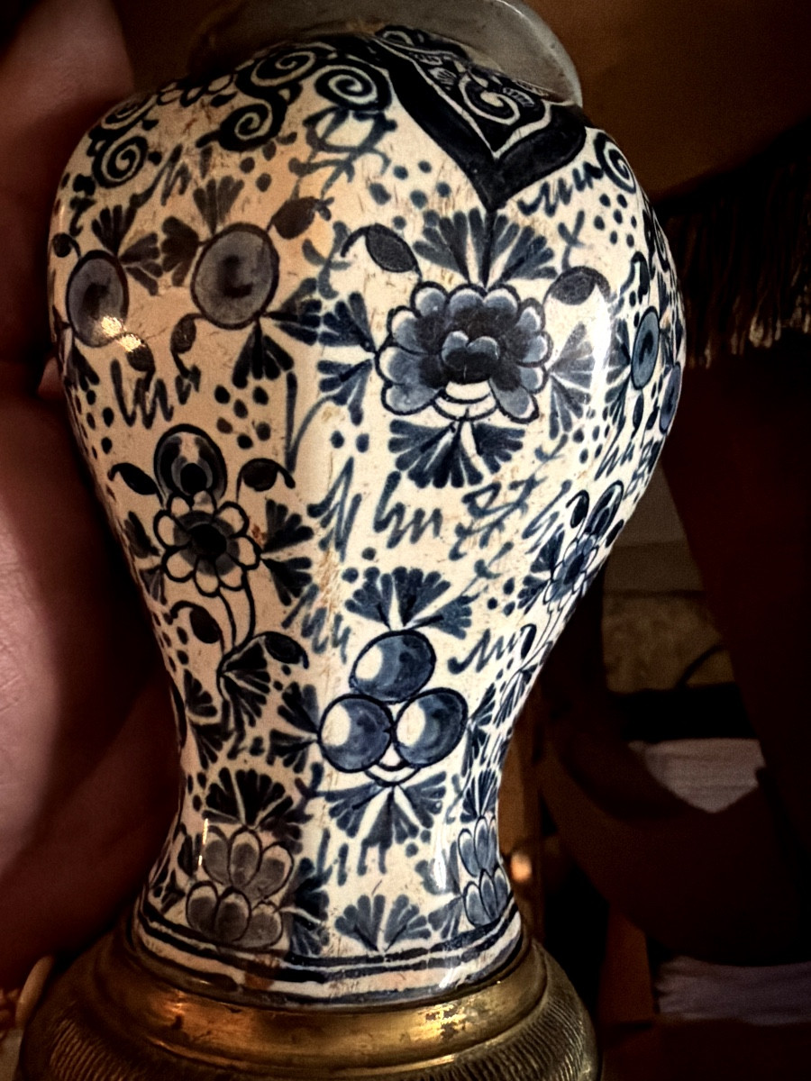 Charming Delftware Lamp With A Covered Pot And Fine Blue Motifs On White Enamel, Transformed In The 19th Century.-photo-1