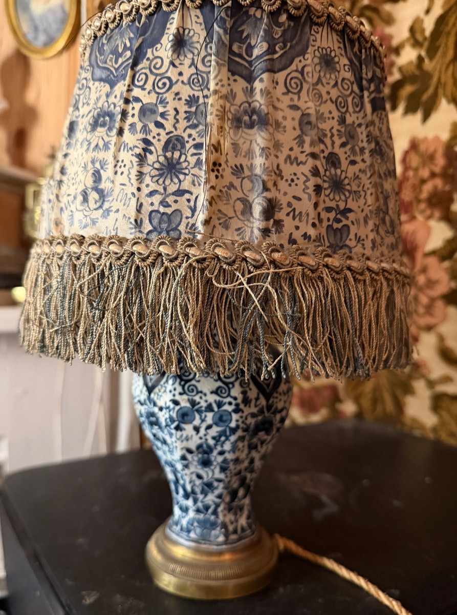 Charming Delftware Lamp With A Covered Pot And Fine Blue Motifs On White Enamel, Transformed In The 19th Century.-photo-2