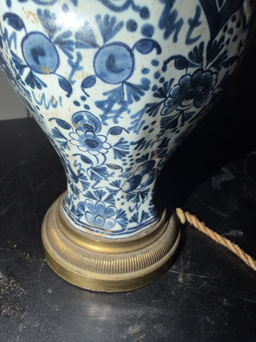 Charming Delftware Lamp With A Covered Pot And Fine Blue Motifs On White Enamel, Transformed In The 19th Century.-photo-3