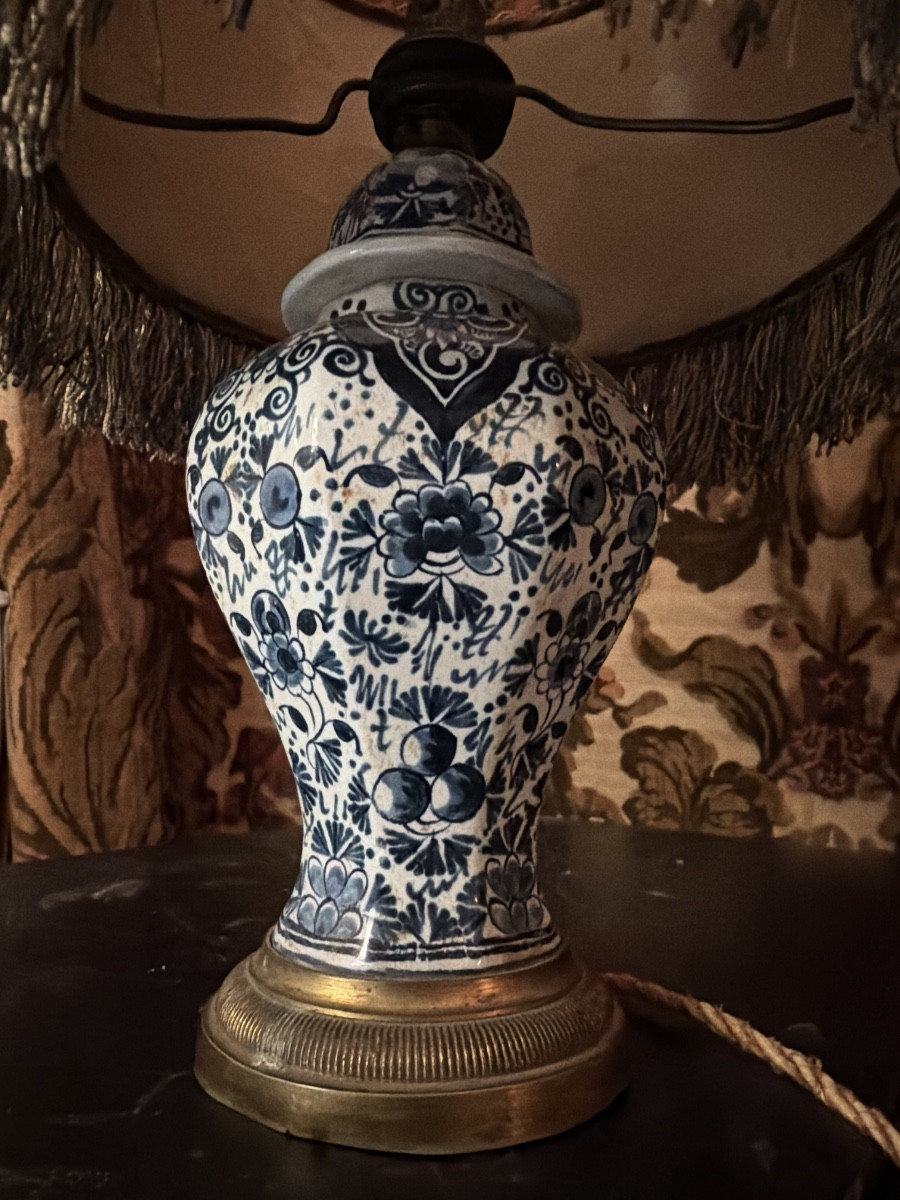 Charming Delftware Lamp With A Covered Pot And Fine Blue Motifs On White Enamel, Transformed In The 19th Century.-photo-6