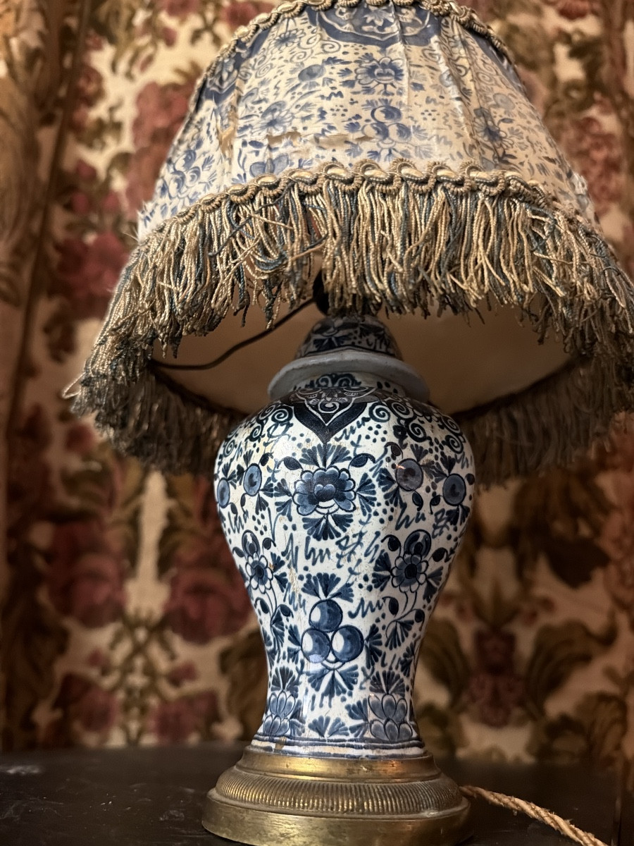Charming Delftware Lamp With A Covered Pot And Fine Blue Motifs On White Enamel, Transformed In The 19th Century.-photo-7
