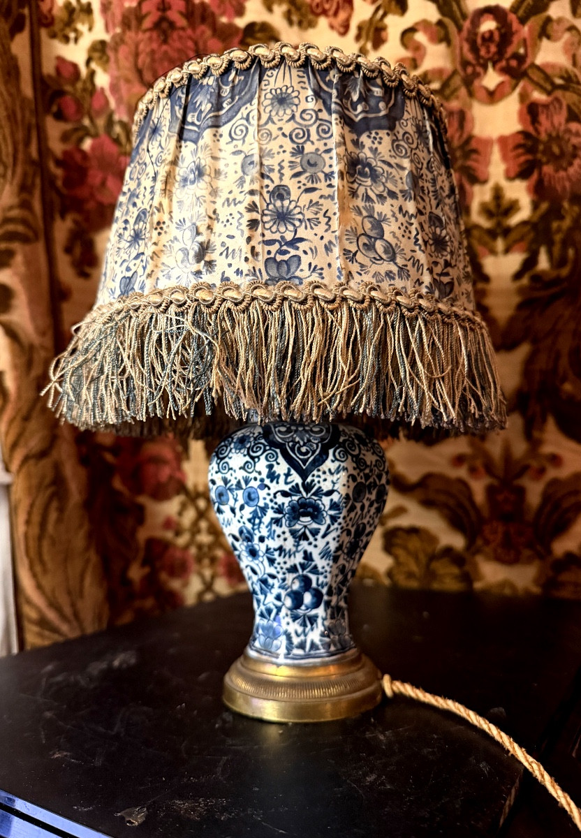 Charming Delftware Lamp With A Covered Pot And Fine Blue Motifs On White Enamel, Transformed In The 19th Century.