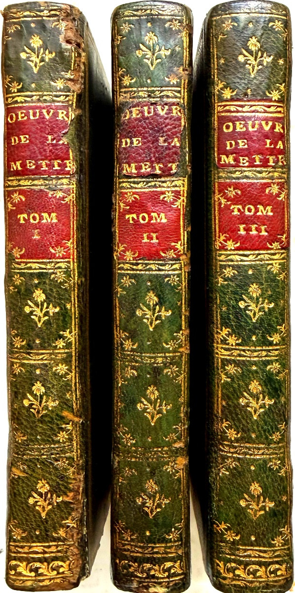 3 Vol.In16 maroquin vert Amst. 1774 : "Oeuvres Philosophiques de Mr de la Mettrie", sur l'Ame ,-photo-2