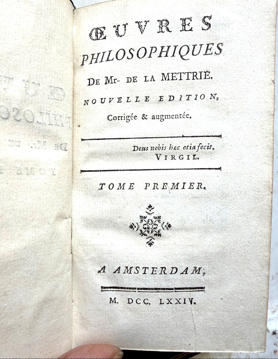 3 Vol.In16 maroquin vert Amst. 1774 : "Oeuvres Philosophiques de Mr de la Mettrie", sur l'Ame ,-photo-4