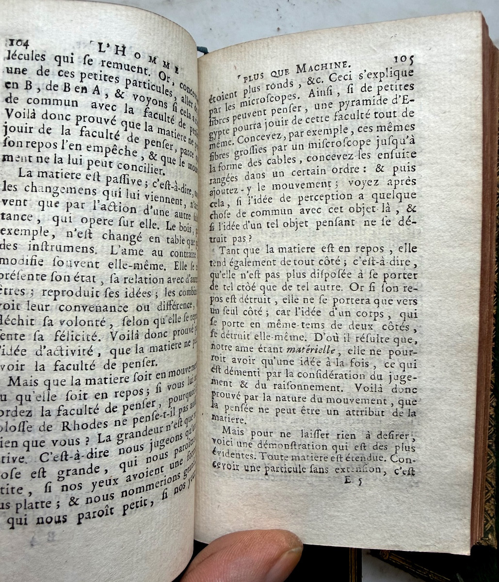 3 Vol.In16 maroquin vert Amst. 1774 : "Oeuvres Philosophiques de Mr de la Mettrie", sur l'Ame ,-photo-4