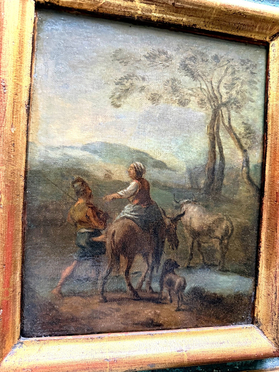  Fine Huile/toile fin XVIIème "La fermière conduisant accompagnée son troupeau," bien encadrée"-photo-3