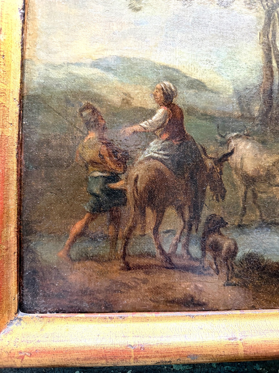  Fine Huile/toile fin XVIIème "La fermière conduisant accompagnée son troupeau," bien encadrée"-photo-4