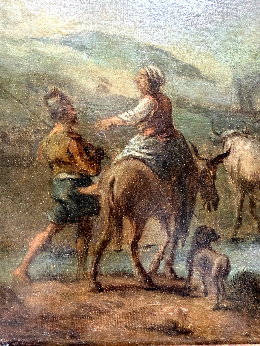  Fine Huile/toile fin XVIIème "La fermière conduisant accompagnée son troupeau," bien encadrée"-photo-1