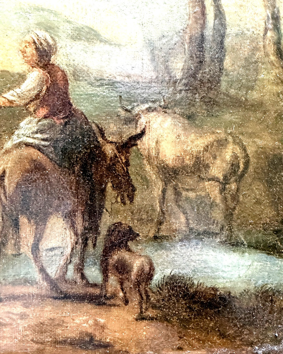  Fine Huile/toile fin XVIIème "La fermière conduisant accompagnée son troupeau," bien encadrée"-photo-4