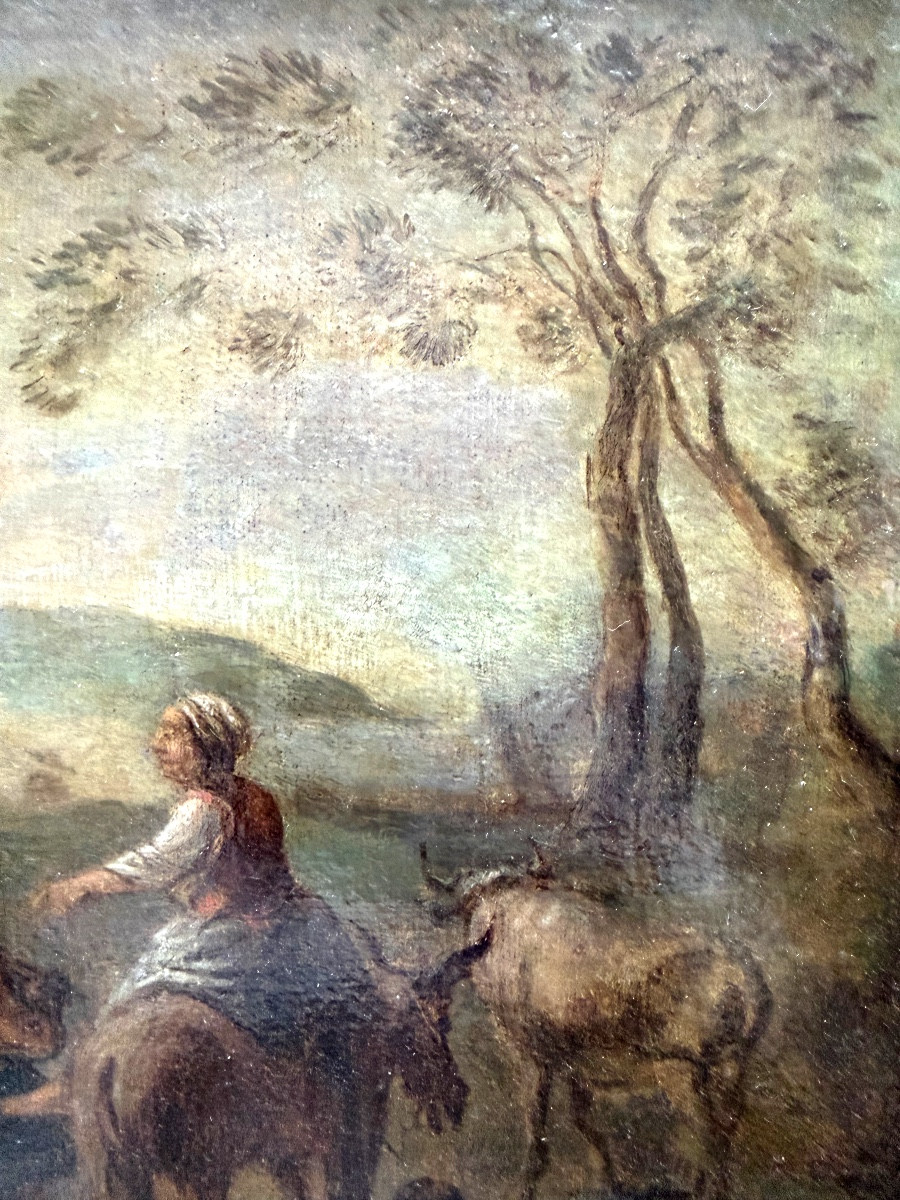  Fine Huile/toile fin XVIIème "La fermière conduisant accompagnée son troupeau," bien encadrée"-photo-5