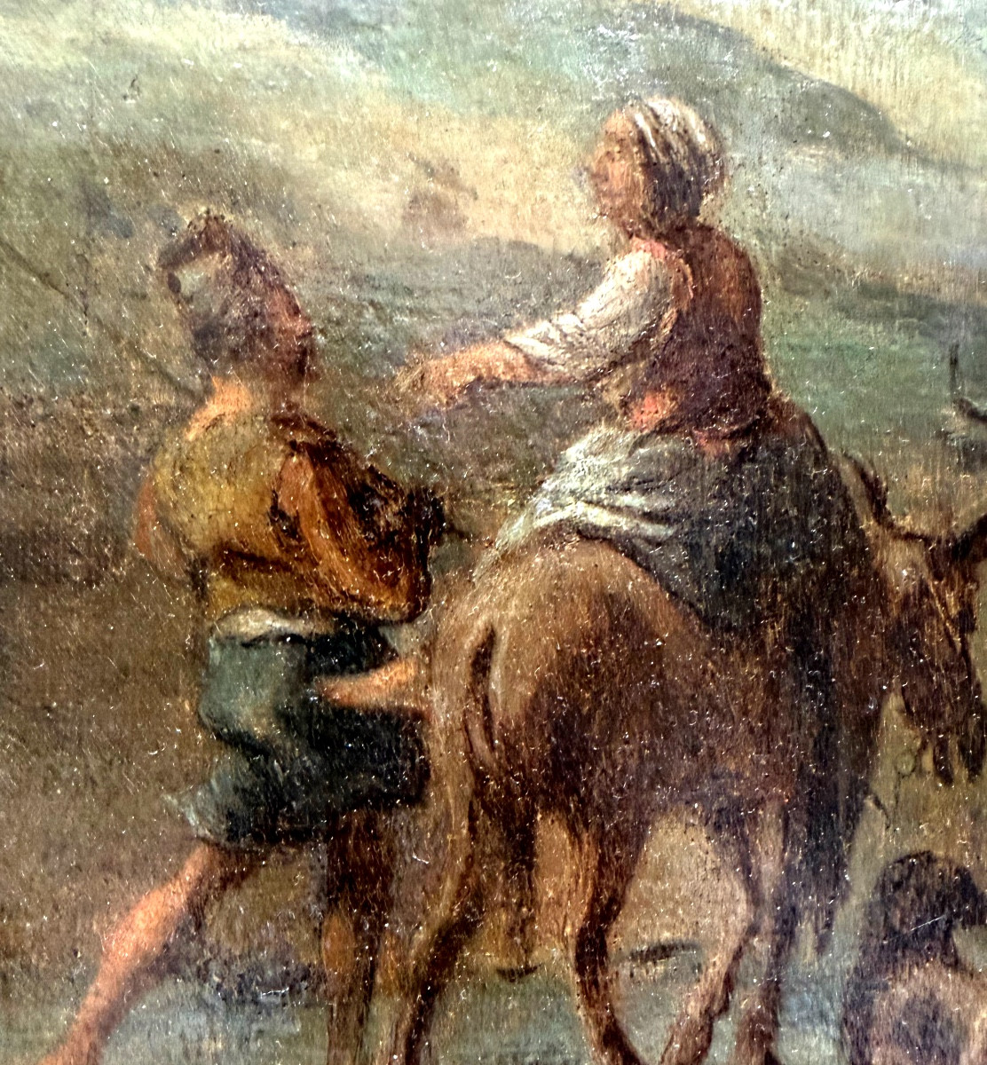  Fine Huile/toile fin XVIIème "La fermière conduisant accompagnée son troupeau," bien encadrée"-photo-8