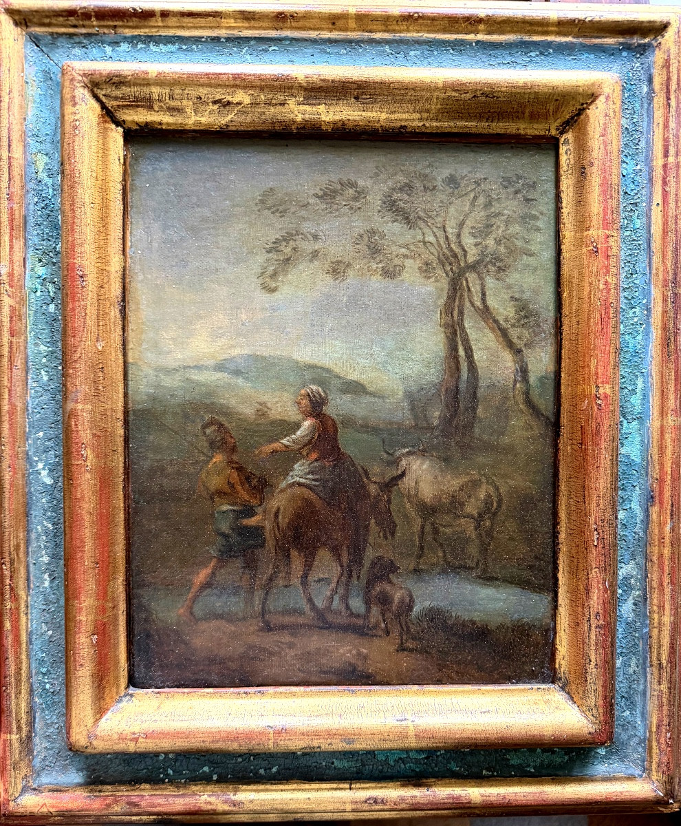  Fine Huile/toile fin XVIIème "La fermière conduisant accompagnée son troupeau," bien encadrée"