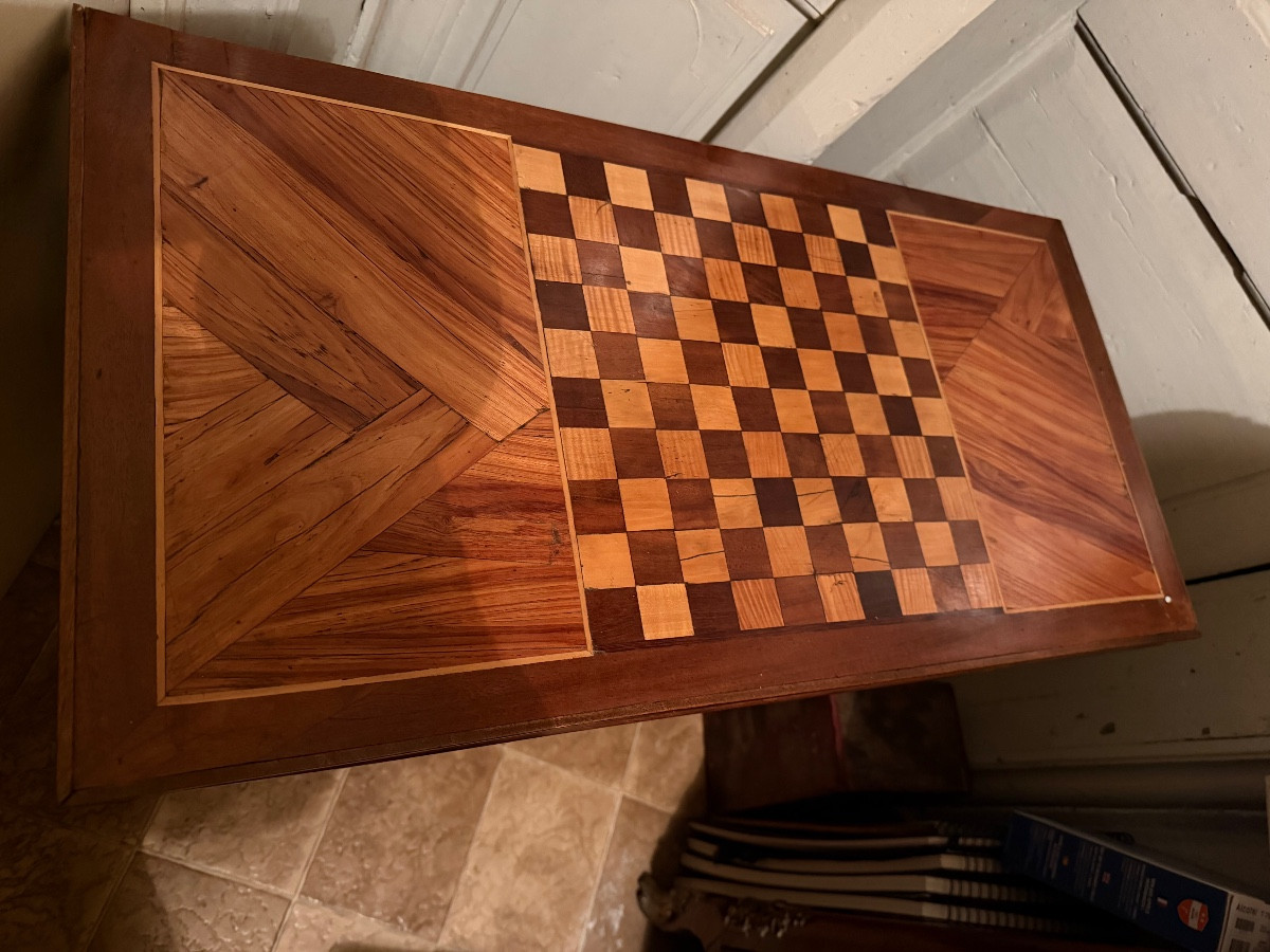 Elégante Table fin XVIIIème en bois fruitier et en marqueterie  , portefeuille époque Louis XVI-photo-2