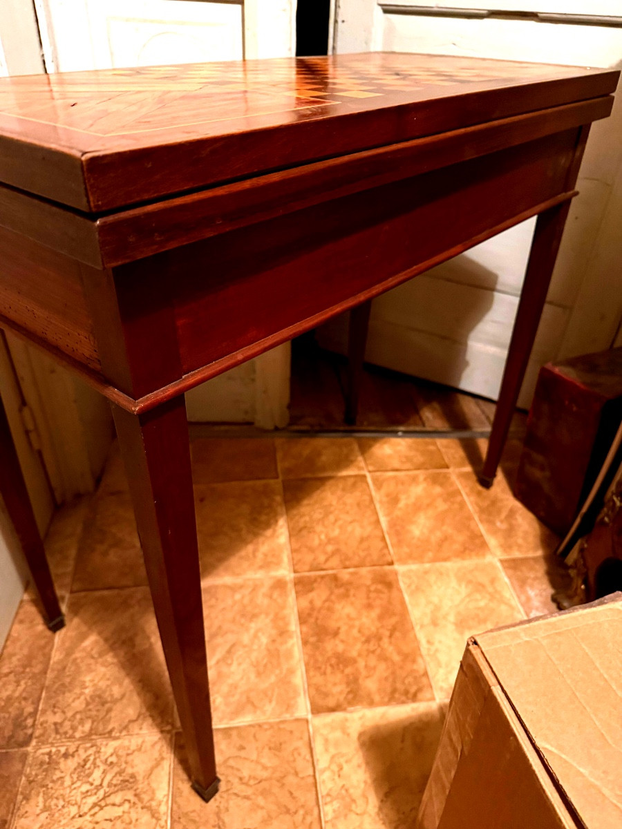 Elégante Table fin XVIIIème en bois fruitier et en marqueterie  , portefeuille époque Louis XVI-photo-4